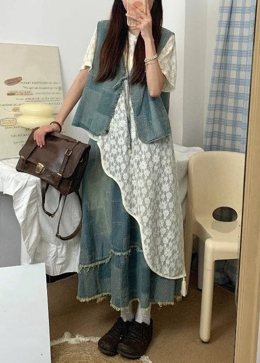 Blue Asymmetrical Lace Up Denim Three Piece Set Summer
