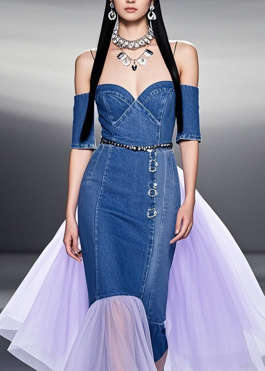 Blue Cold Shoulder Tulle Patchwork Denim Dresses Summer