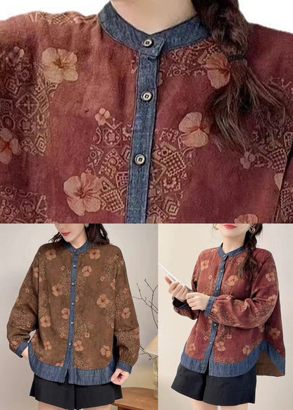 Coffee O-neck Button Tops Long Sleeve
