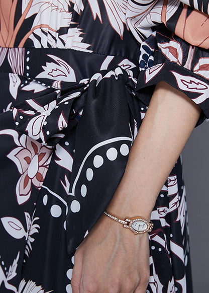 Black Cinched Print Silk Beach Long Dresses Fall