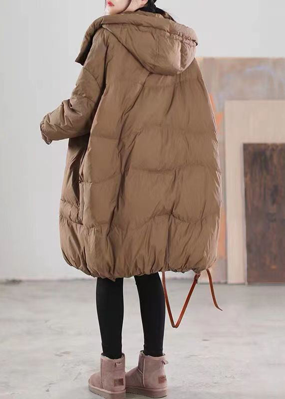 Coffee Hooded Zippered Pockets Duck Down Coat Long Sleeve