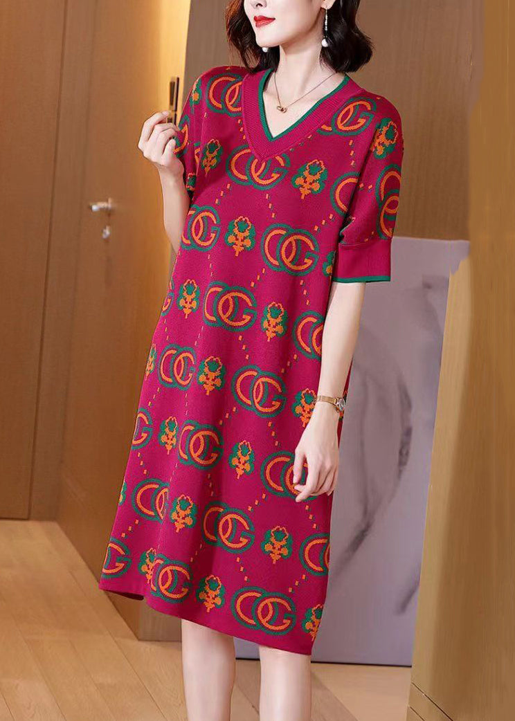 Rose V Neck Print Knit Dress Short Sleeve