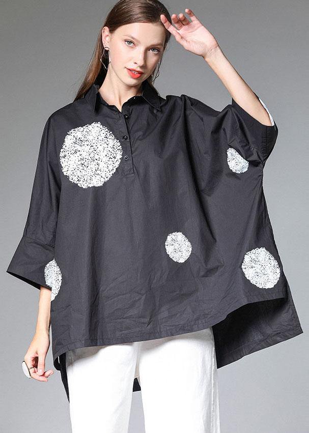 Black Peterpan Collar Button Fall Cotton Shirt Half Sleeve