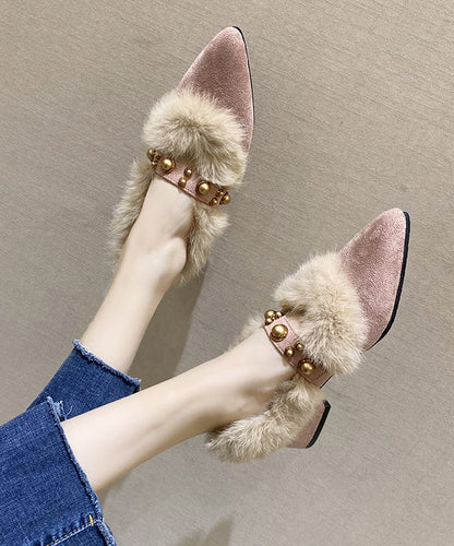 Black Fuzzy Wool Lined Chunky Suede Rivet Pointed Toe Penny Loafers
