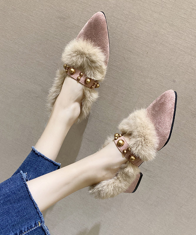 Black Fuzzy Wool Lined Chunky Suede Rivet Pointed Toe Penny Loafers