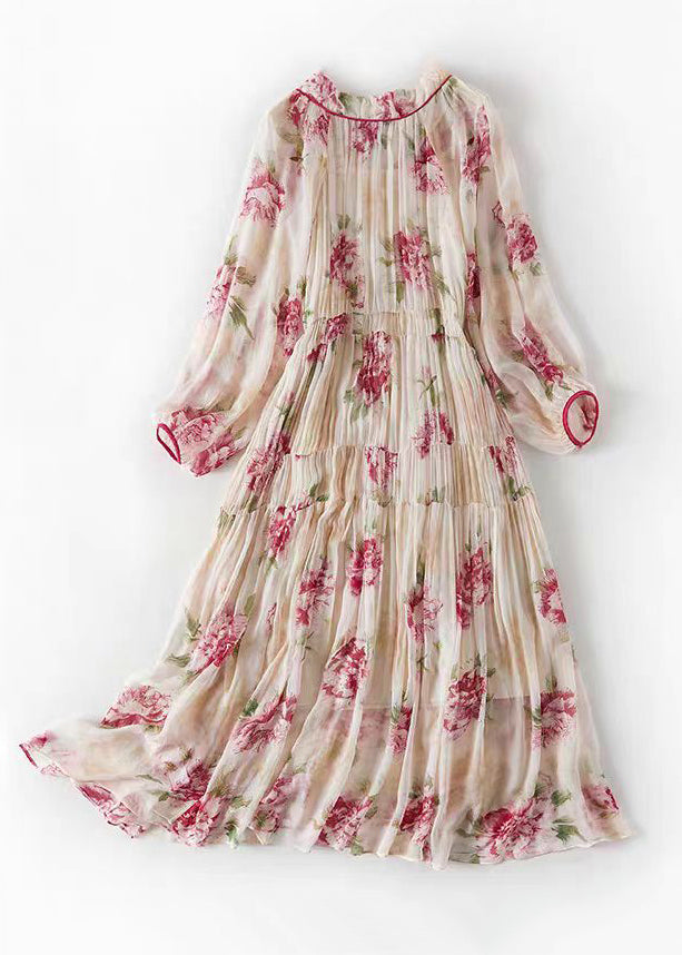 Apricot V Neck Print Wrinkled Chiffon Two Pieces Set Spring