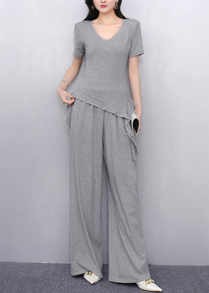 Simple Grey Asymmetrical T Shirts and Wide Leg Pants Cotton Two Piece Set Summer