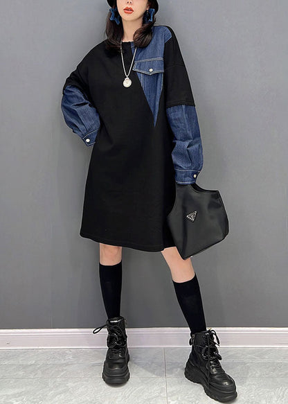 Black O-neck Denim Patchwork Cotton Robe Dresses Fall