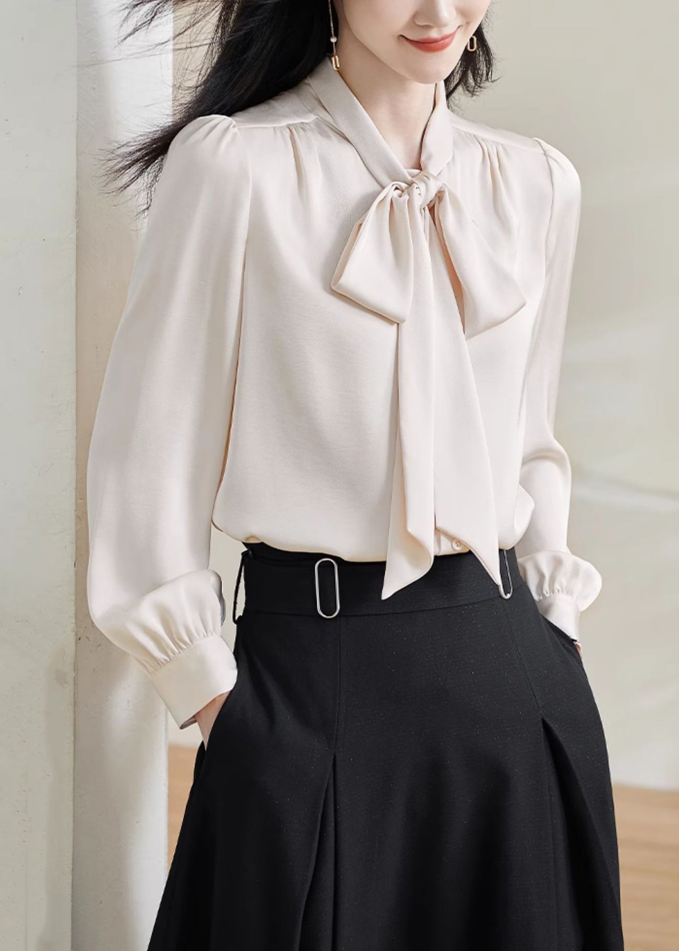 Stylish Apricot Bow Silk Shirts Fall