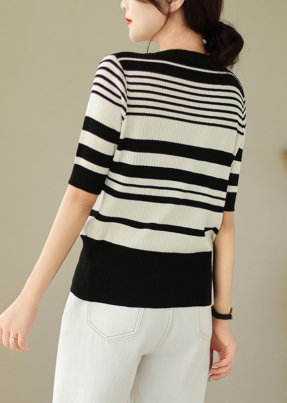 Black White Striped Zippered Knit Cardigan Spring