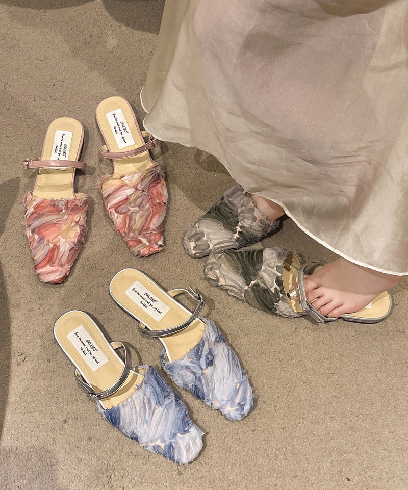 Splicing Blue Cotton Fabric Buckle Strap Slide Sandals