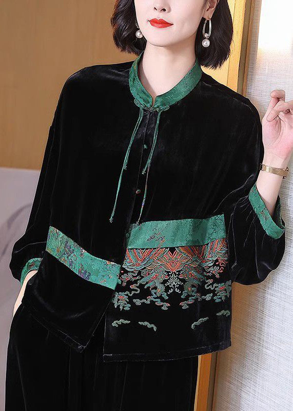 Loose Black Embroideried Button Silk Velour Top Long Sleeve