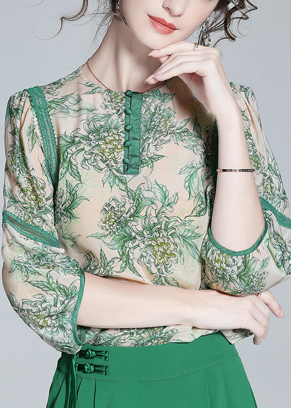 Green Lace Patchwork Button Silk Top Spring