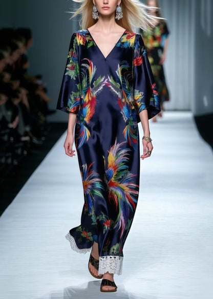 Navy Patchwork Lace Dress Oversized Phoenix Print Summer