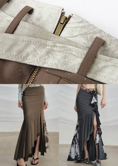 Coffee Zip Up Side Open Cotton Fall Skirts Asymmetrical
