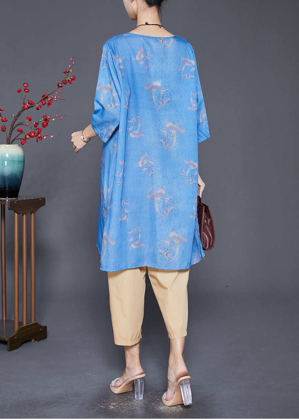 Blue Print Chinese Button Linen 2 Piece Outfit Fall