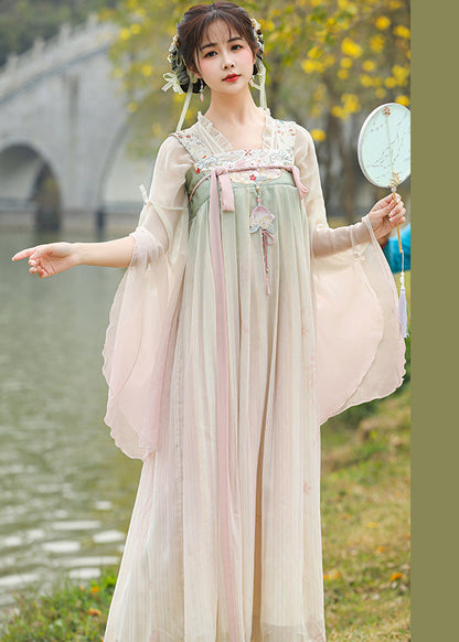 Gradient Color Ruffled Embroideried Lace Up Chiffon Two Pieces Set Fall