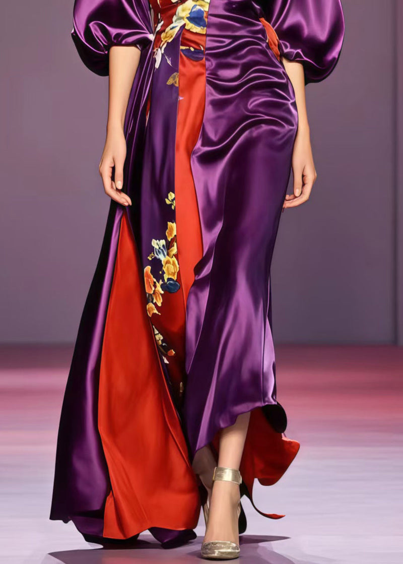 Boutique Purple Asymmetrical Design Silk Vestidos Dresses Puff Sleeve