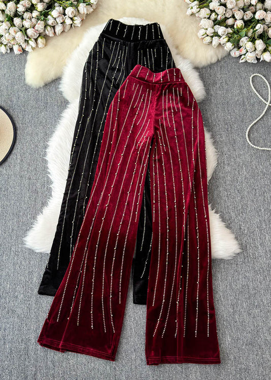 Mulberry Striped Zircon Silk Velvet Wide Leg Pants Spring