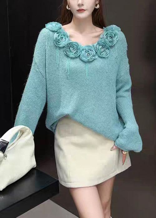 Blue Zircon Patchwork Knit Sweaters Fall