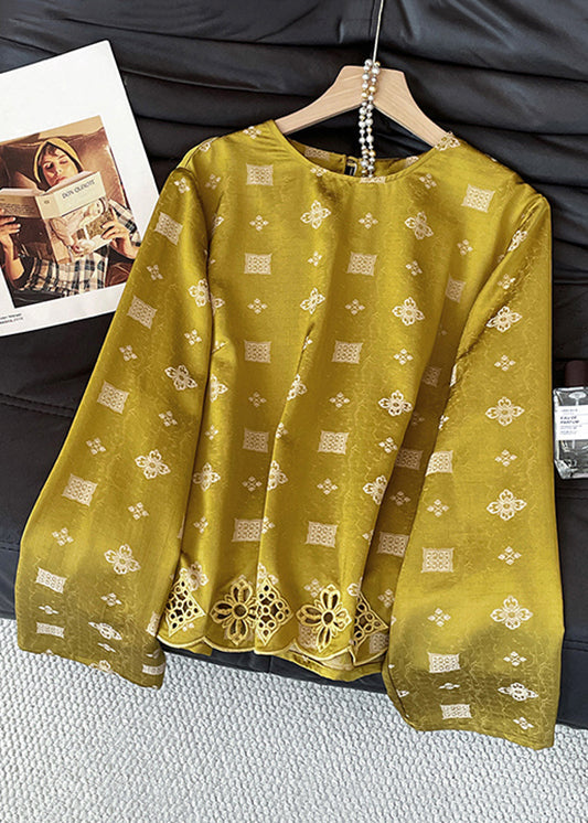 Yellow O Neck Print Hollow Out Silk Shirt Tops Fall