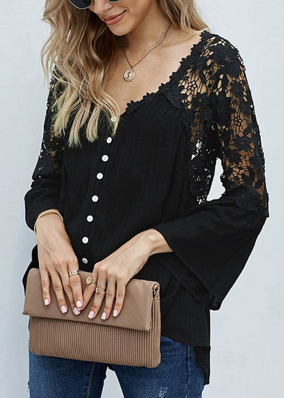 Black Hollow Out Tops V Neck Fall