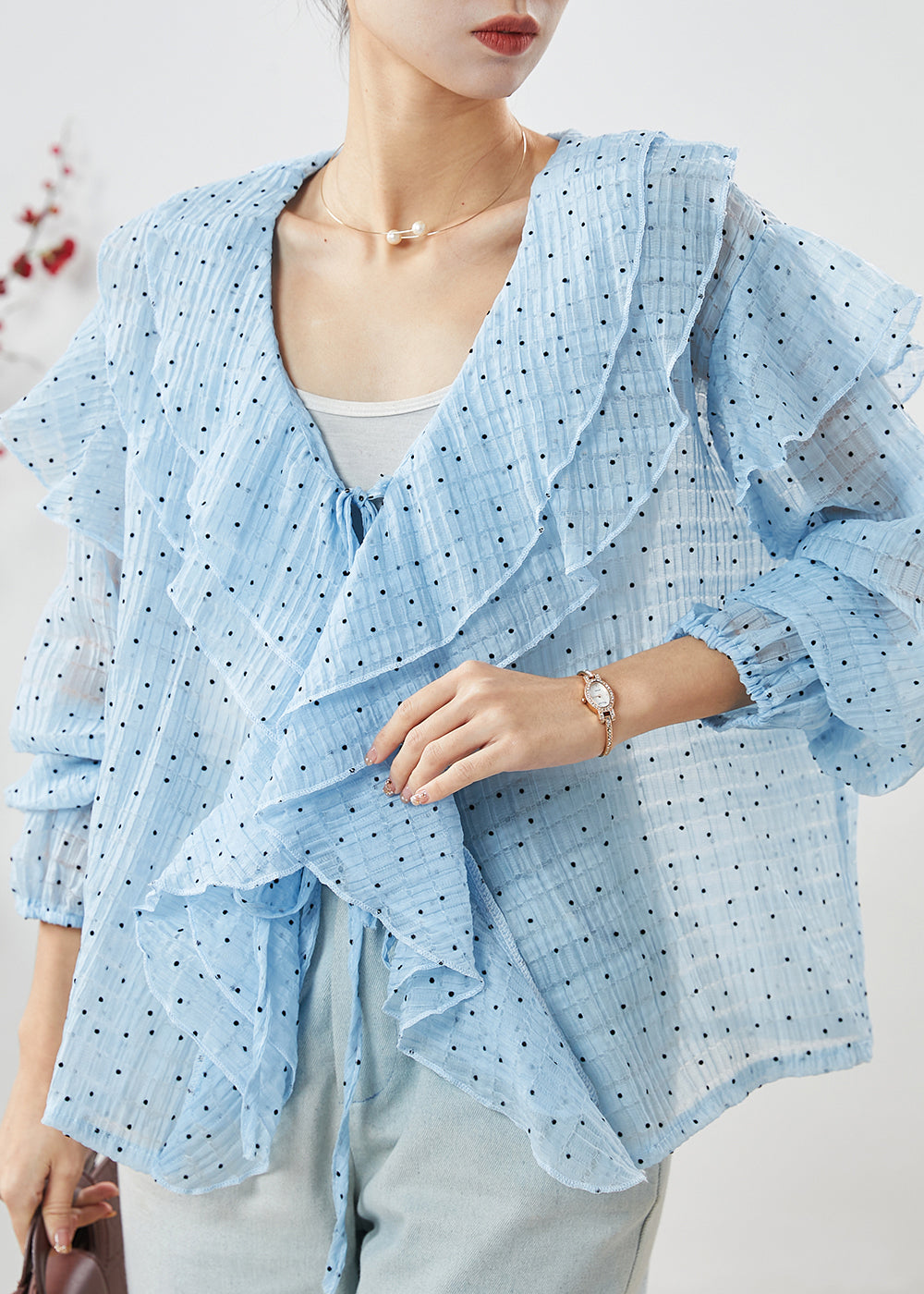 Diy Blue Ruffled Lace Up Chiffon Shirt Spring