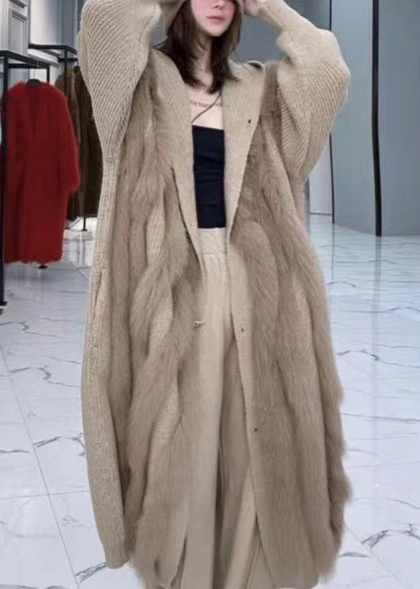 Grey Hooded Fox Fur Patchwork Knit Cardigan Fall