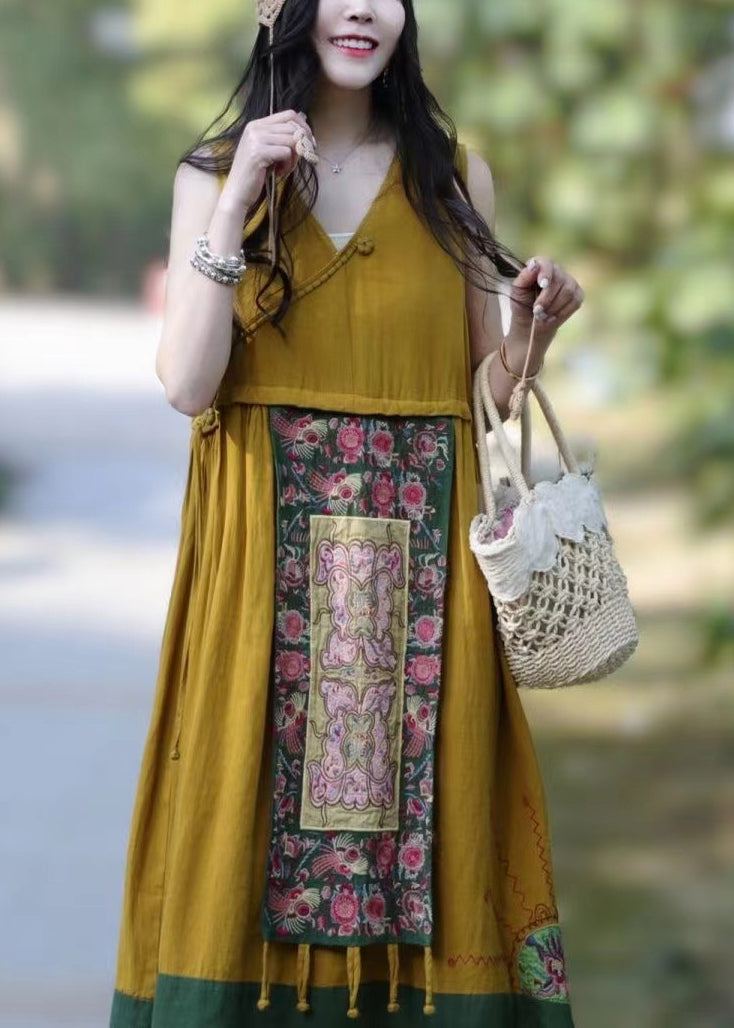 Rose V Neck Patchwork Linen Dresses Sleeveless