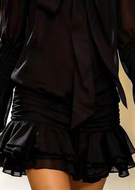 Black Bow Wrinkled Chiffon Shirt Dress Spring