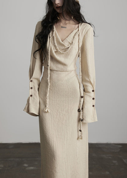 Unique Beige Button Lace Up Cotton Maxi Dress Fall