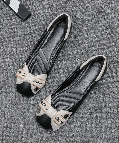 Bow Splicing Comfortable Flat Shoes Beige Faux Leather