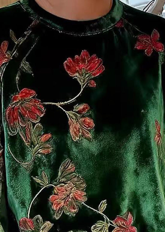 Green O Neck Print Patchwork Velour Blouses Spring