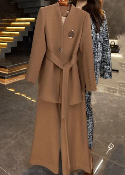 French Caramel Tie Waist Coats and Wide Leg Pants Two Piece Set Winter