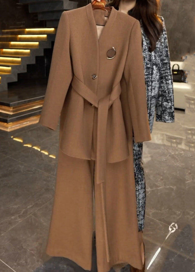 French Caramel Tie Waist Coats and Wide Leg Pants Two Piece Set Winter