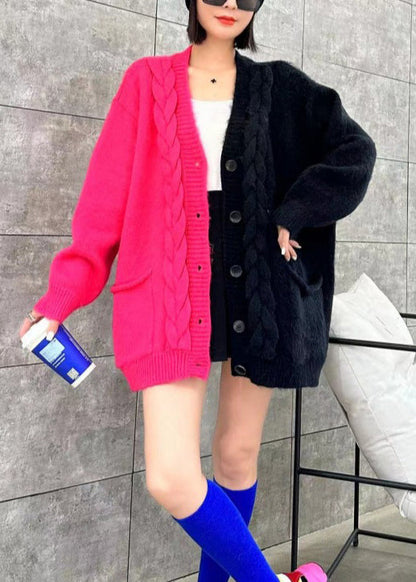 Beige V Neck Pockets Button Patchwork Knit Cardigan Spring