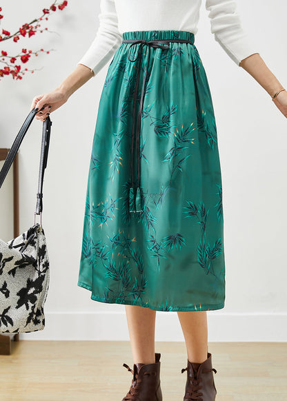 Green Embroideried Bow Silk a Line Skirt Fall