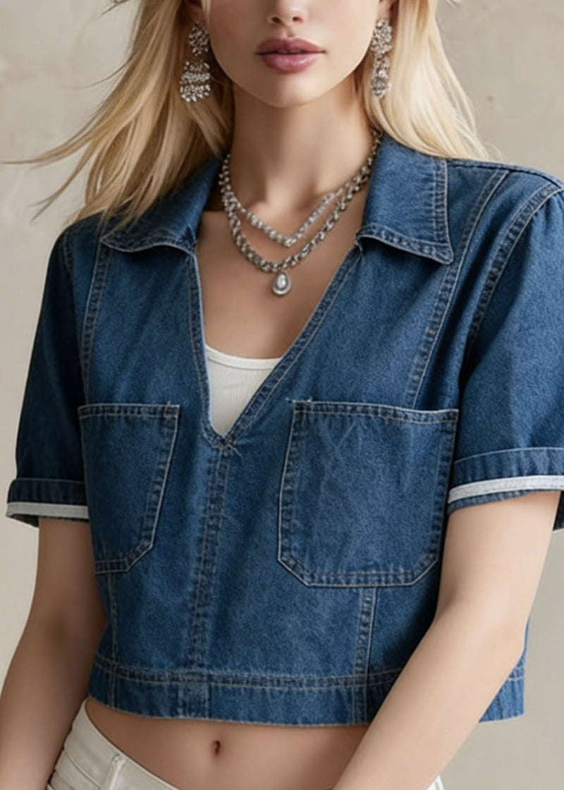 Navy Peter Pan Collar Pockets Denim Short Top Summer