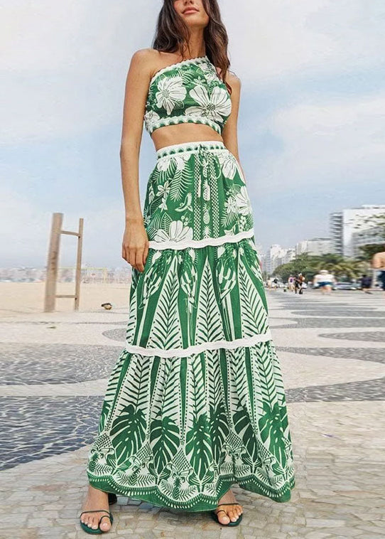 Vacation Style One Shoulder Short Top and High Waisted Skirt Set