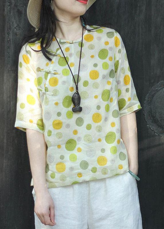 Green Button O-neck Dot Print Tops Half Sleeve