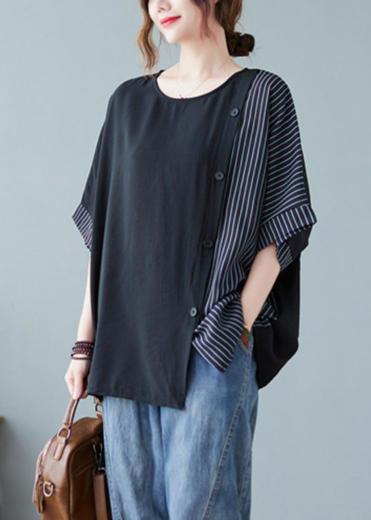 Novelty Black O-neck Striped Patchwork Button Cotton T Shirts Half Sleeve