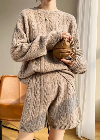 New Camel O Neck Cozy Wool Knit Two Pieces Set Winter
