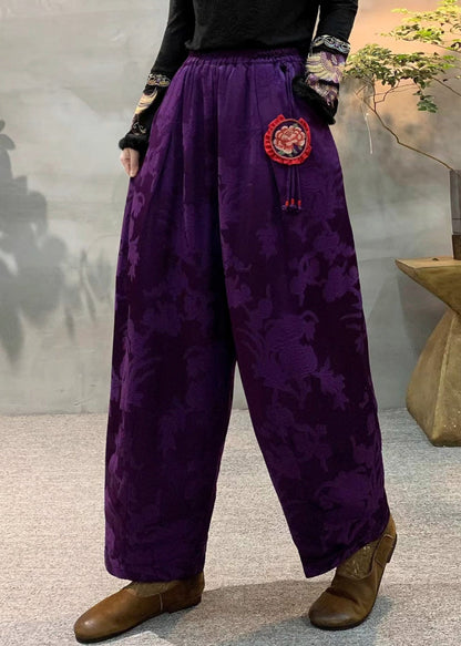 Dull Purple Oversized Jacquard Fine Cotton Filled Harem Pants Winter