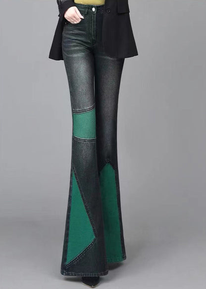 Green Asymmetrical Patchwork Denim Flare Bottoms Spring