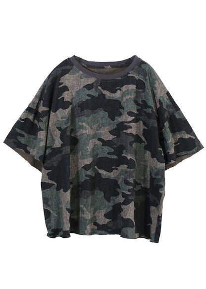 Classy Army Green O-neck Oversized Camouflage Print Cotton Tank Tops Short Sleeve