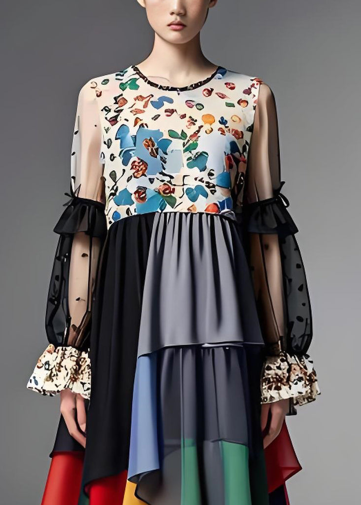 O Neck Print Organza Patchwork Chiffon Dress Long Sleeve