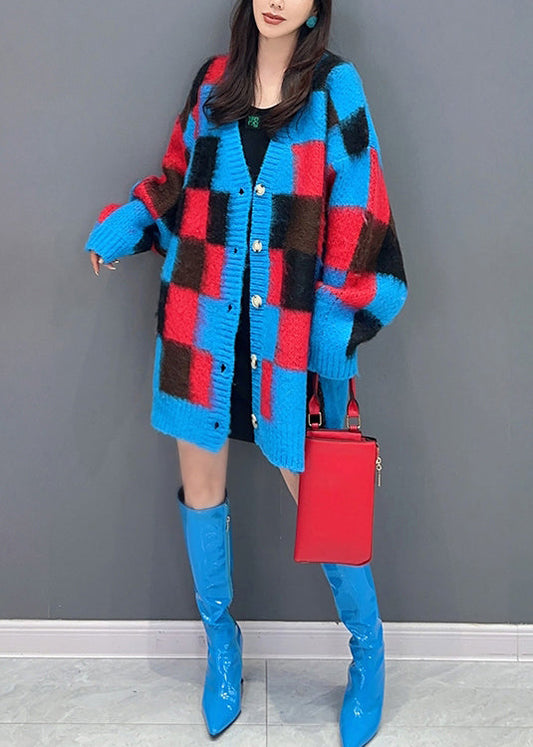 Blue Plaid V Neck Button Patchwork Knit Cardigan Fall