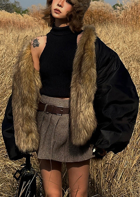 Black Oversized Patchwork Faux Fox Fur Coats Winter