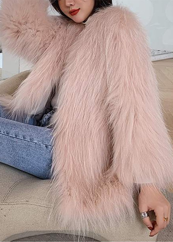 Fine Grey V Neck Leather and Fur Coat Winter