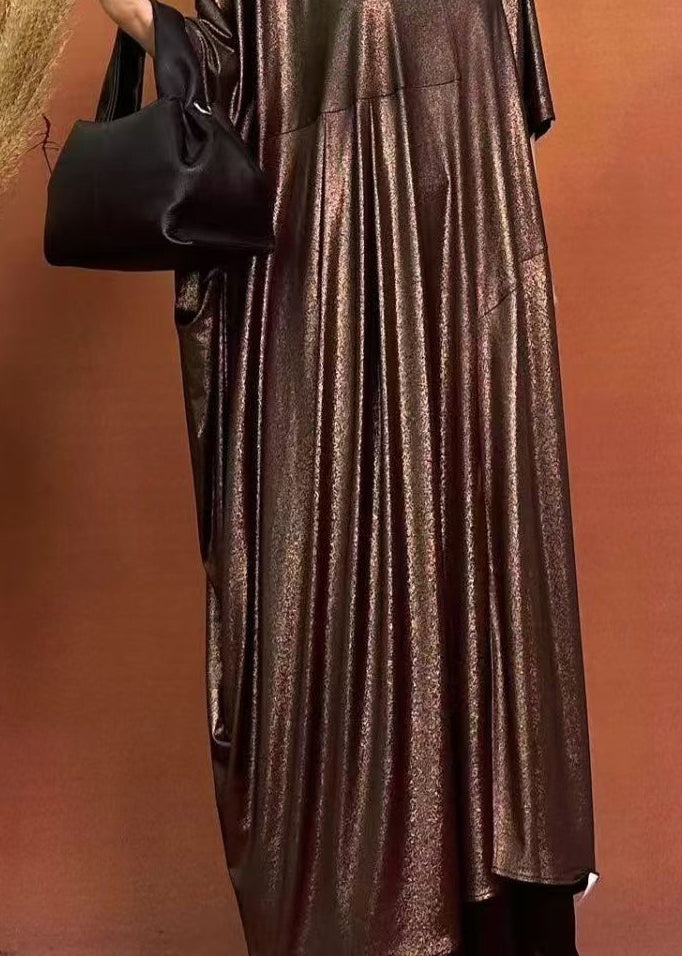 Loose Brown O-neck Patchwork Silk Maxi Dresses Spring